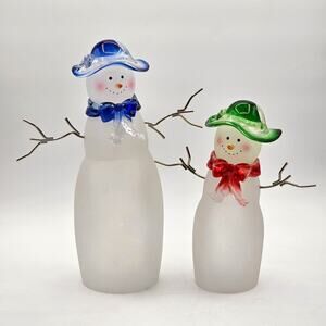 Christmas Snowman Figurines Frosted Glass Acrylic Set Blue Green Red Hats Retro